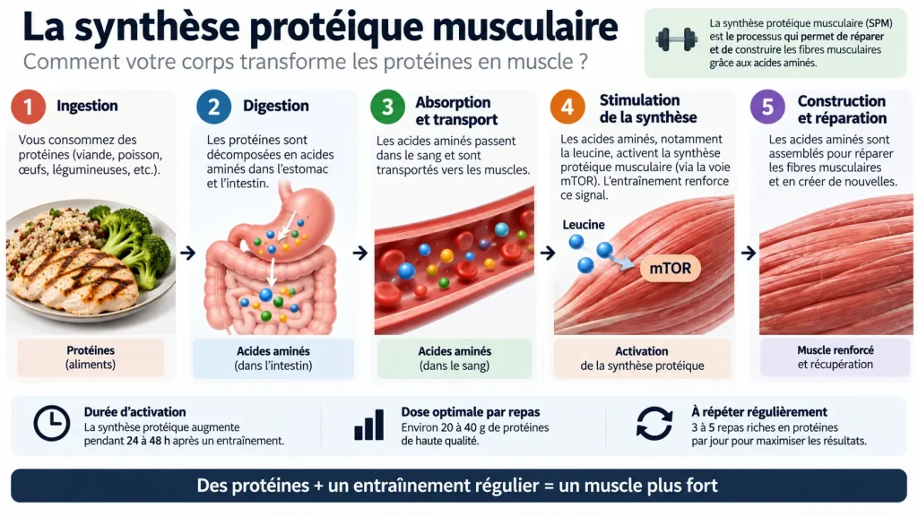 Infographie expliquant les étapes de la synthèse protéique musculaire
