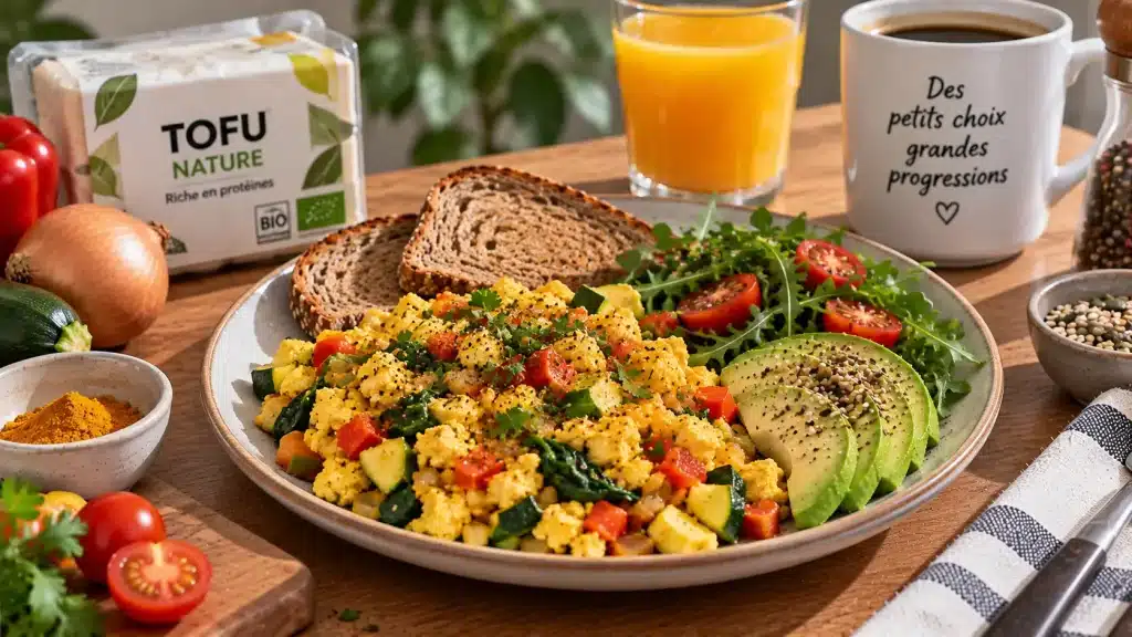 Tofu brouillé aux légumes avec avocat et pain complet