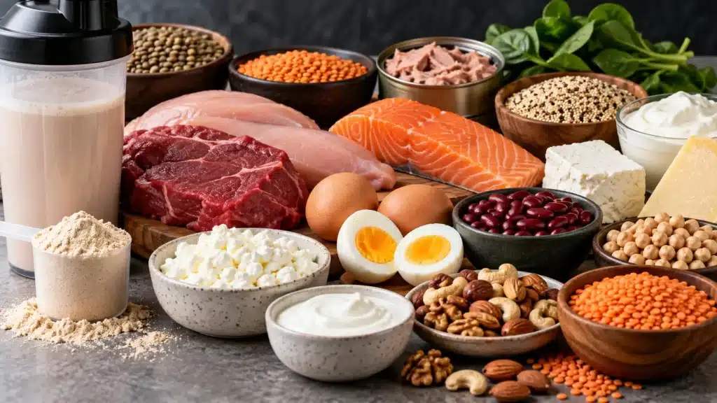 Rayon de supermarché présentant des yaourts, boissons et aliments riches en protéines