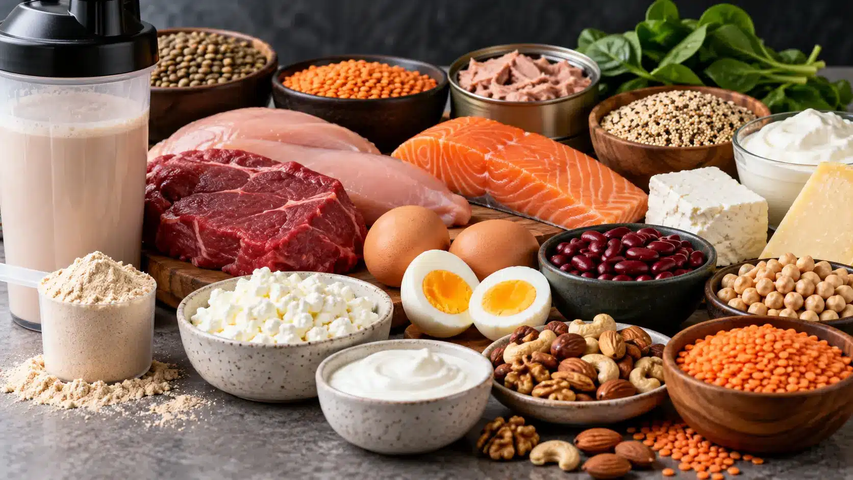 Rayon de supermarché présentant des yaourts, boissons et aliments riches en protéines