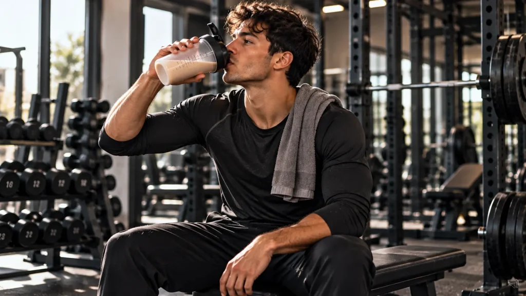 Homme pratiquant la musculation buvant un shaker de protéines après son entraînement