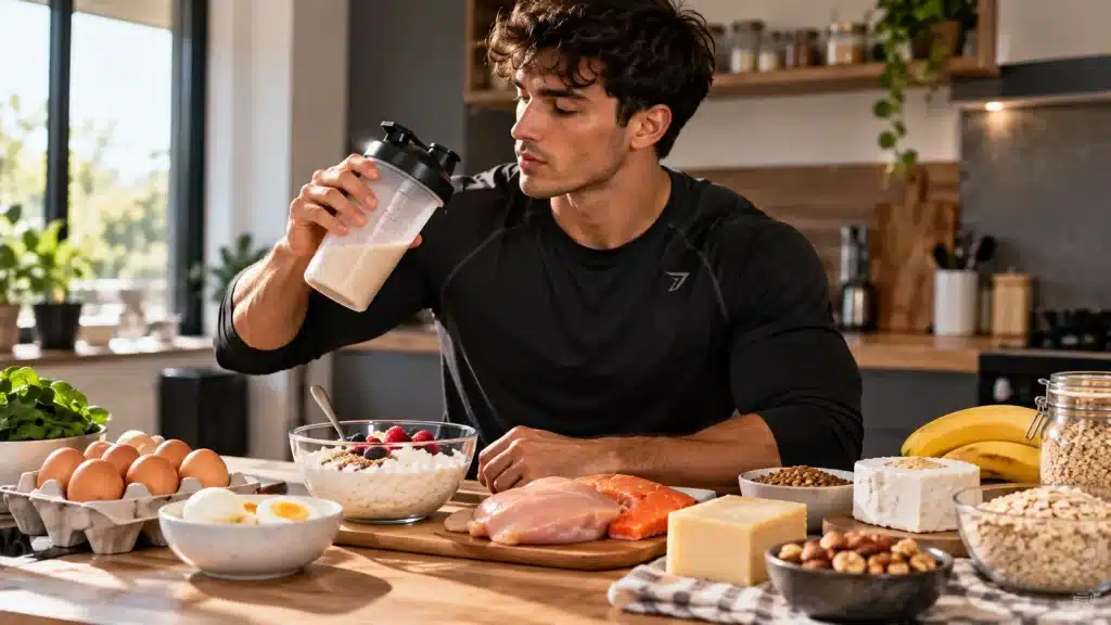 Homme devant des aliments naturellement riches en protéines : œufs, fromage blanc, poulet et saumon