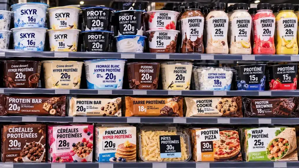 Produits alimentaires hyperprotéinés en supermarché : yaourts, barres, céréales et boissons